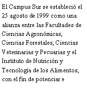 Cuadro de texto: El Campus Sur se estableci el 25 agosto de 1999 como una alianza entre las Facultades de Ciencias Agronmicas, Ciencias Forestales, Ciencias Veterinarias y Pecuarias y el Instituto de Nutricin y Tecnologa de los Alimentos, con el fin de potenciar e 